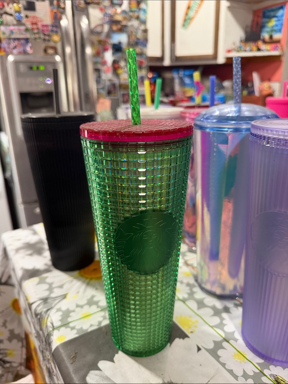 Starbucks Holographic Green Tumbler with Pink Top